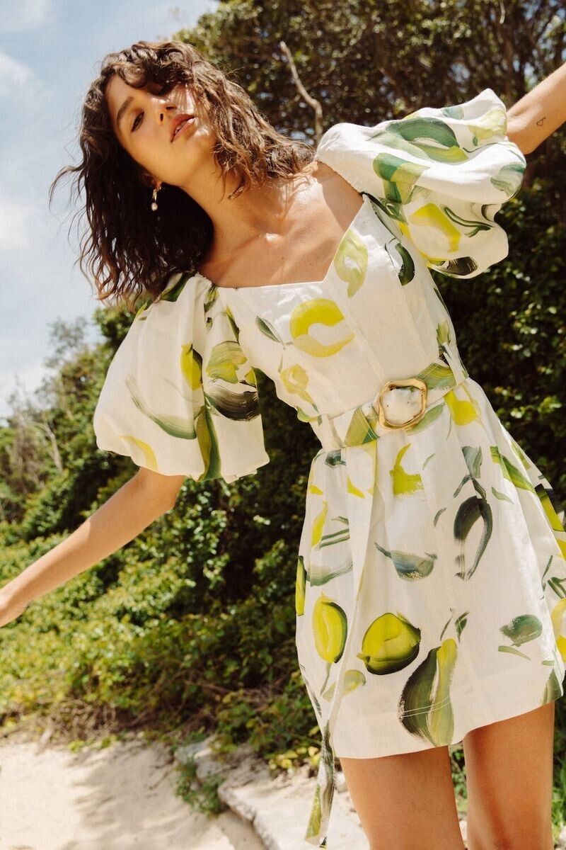 Aje Zest Mini Dress Tropical Lime Green AU 10 Puff Sleeve Belted Summer