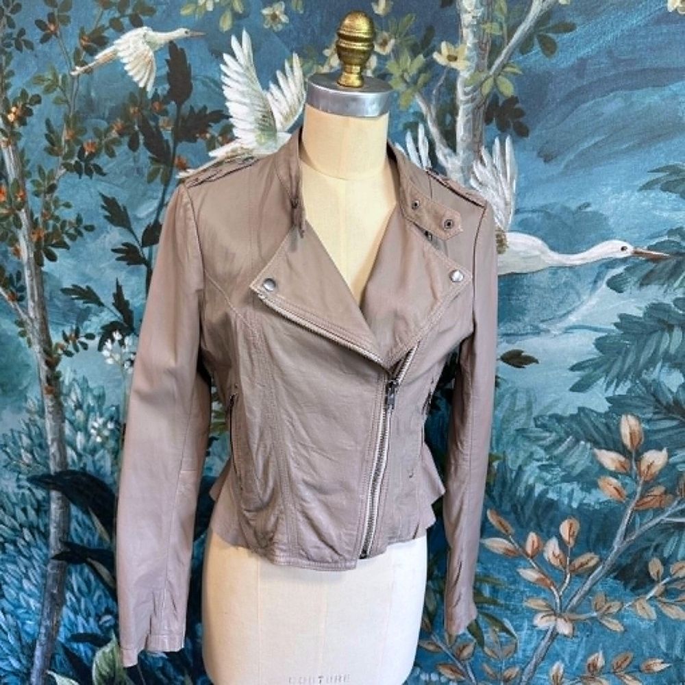 JUST JEANS Women's Genuine Leather Biker Jacket - Taupe - Size 12