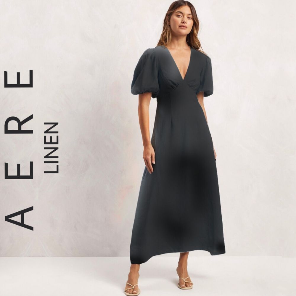 AERE Linen Gathered Vee Neck Puff Sleeve Midi Dress 12 Black