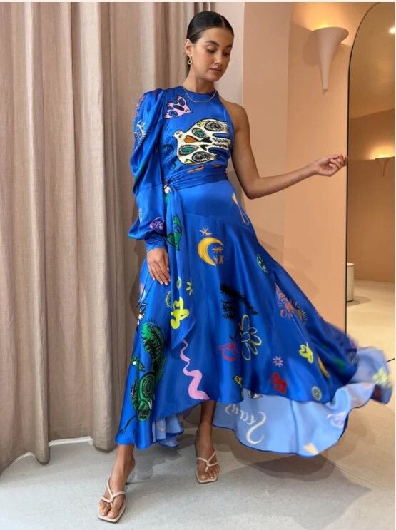 Alemais Soleil Dress Silk Blue One Shoulder In Cobalt Size AU 10 US 6 RRP $1,292