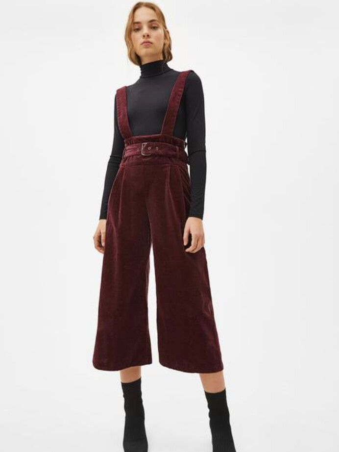 Bershka Corduroy Overalls Wide Leg Maroon Pants
