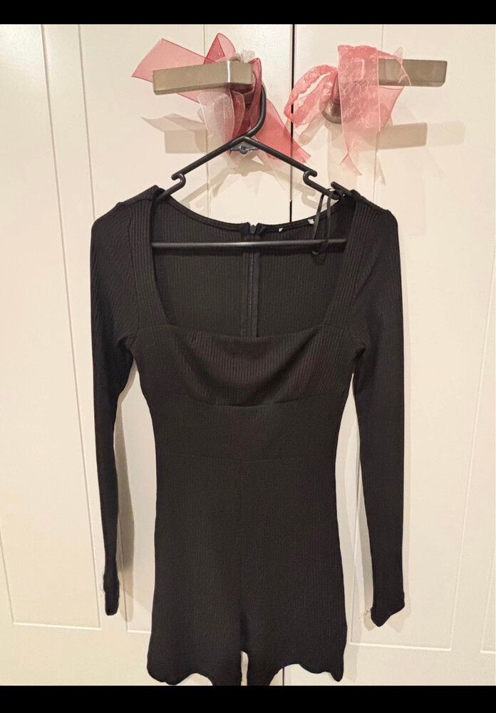 Black Ribbed Long Sleeve Playsuit