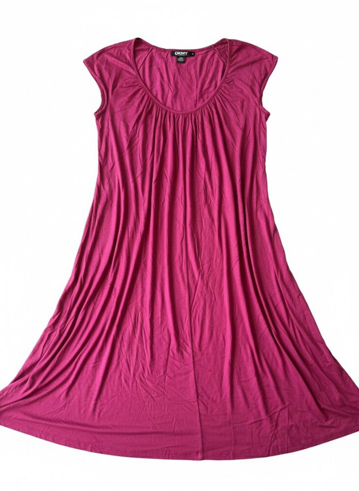 DKNY Fuchsia Magenta Ruched Scoop Neck Jersey Dress Sleeveless Soft Midi S/P