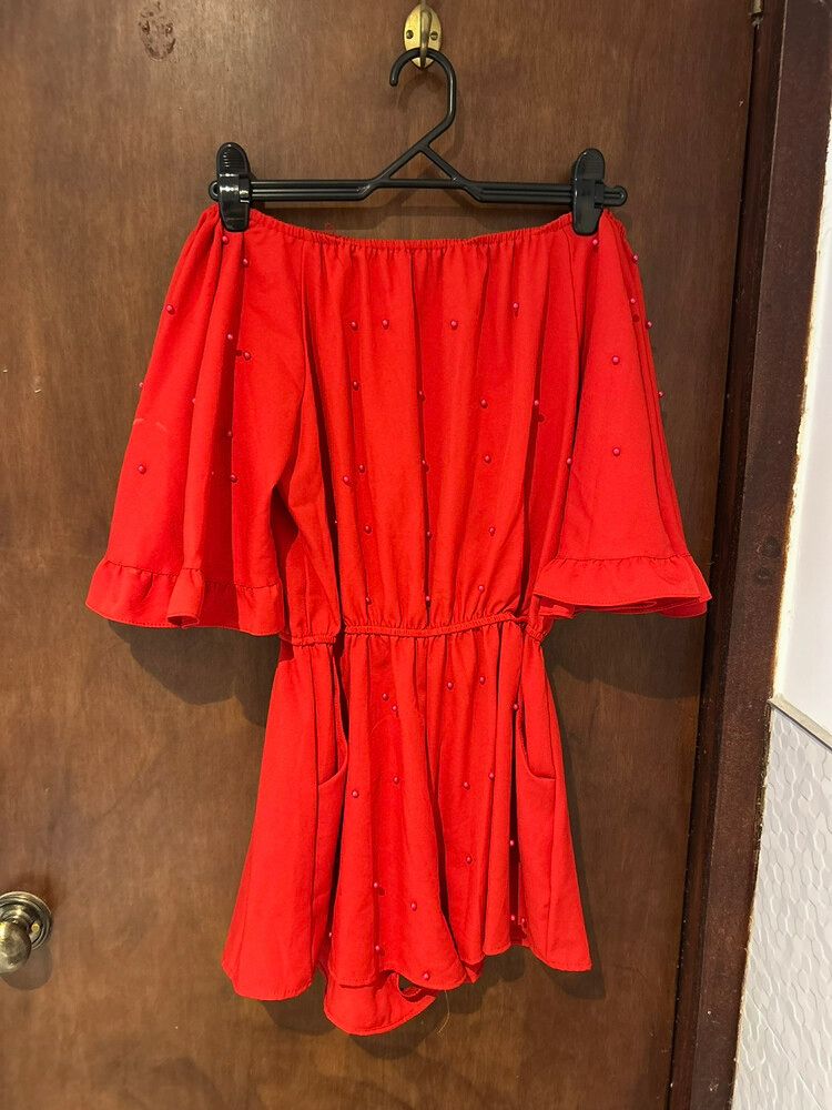 Pearl Playsuit Red Off The Shoulder