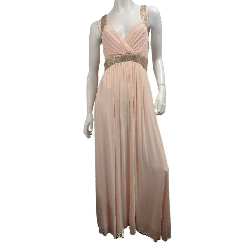 Boohoo peach long formal dress/gold sequin neck, size 14