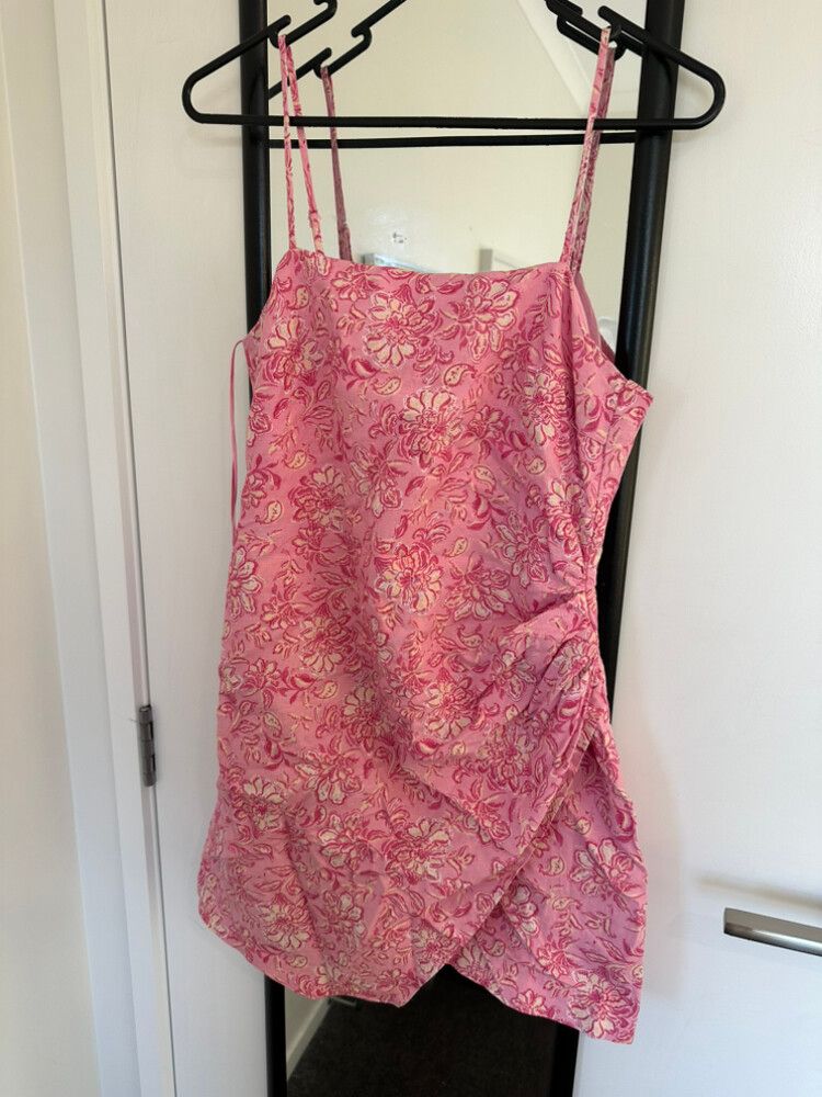 zara pink floral linen dress ZARA Pink Floral Printed Linen Blend Midi Dress Size S 3067/737 Bloggers Fave