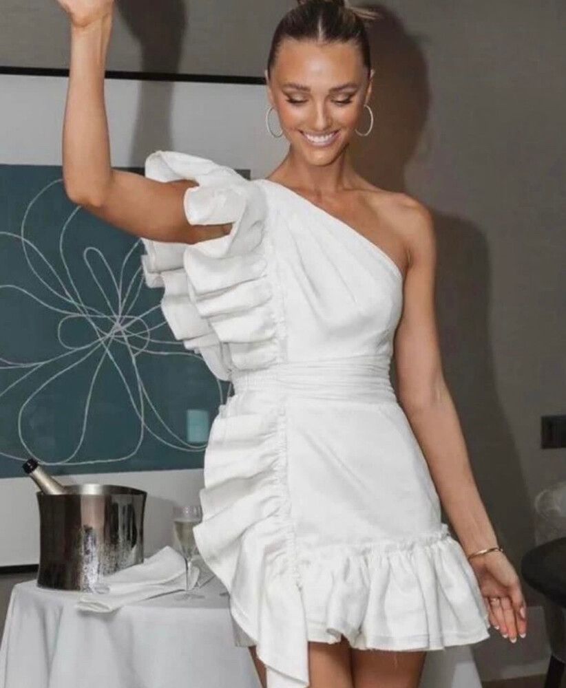 Aje - Aje Bonjour Asymmetric Mini Dress In Ivory on Designer Wardrobe