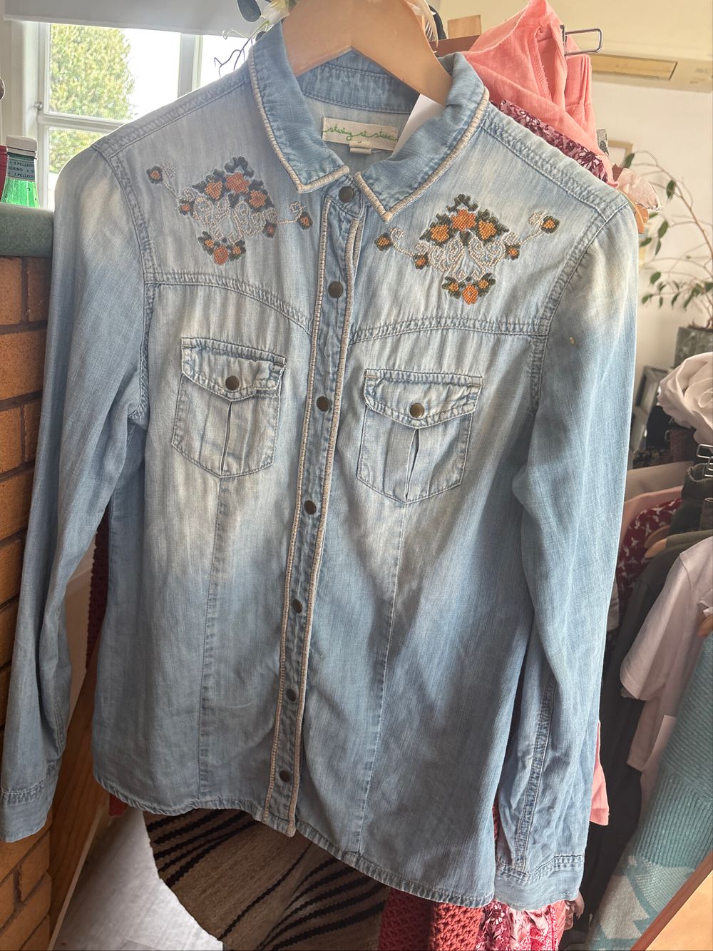 embroidered denim button down