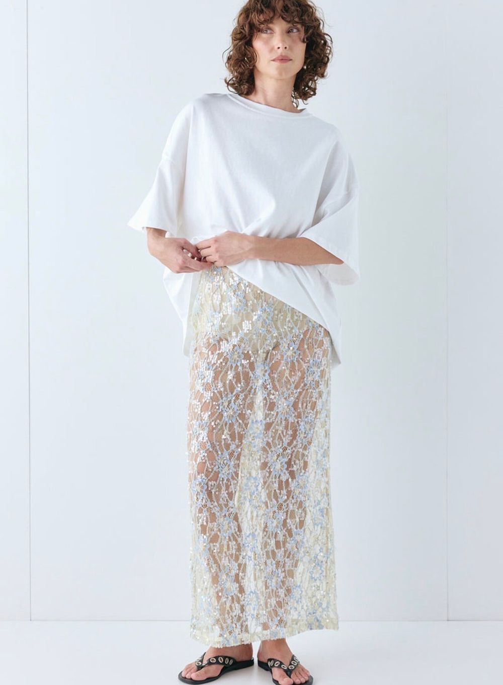 VRG Girl Beige and Blue Sequin Lace Midi Skirt