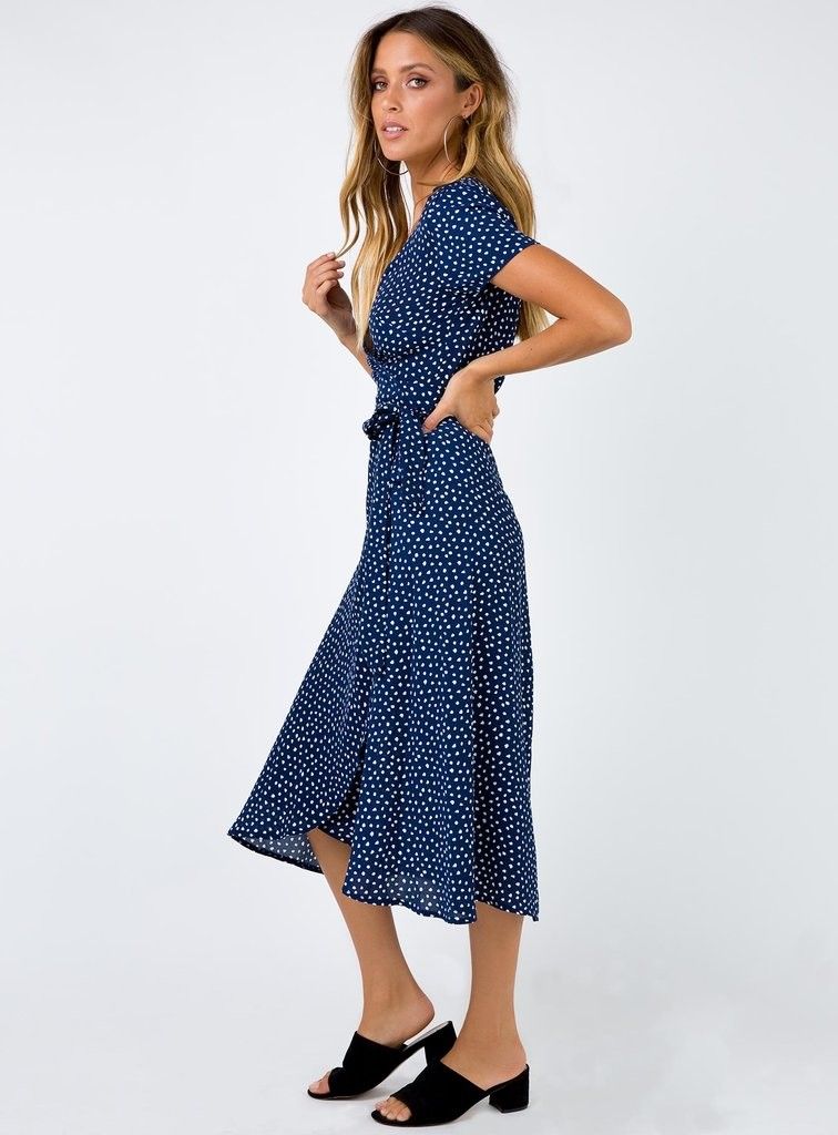Princess Polly - Wrap Navy and White Diamond Midi Dress on Designer Wardrobe
