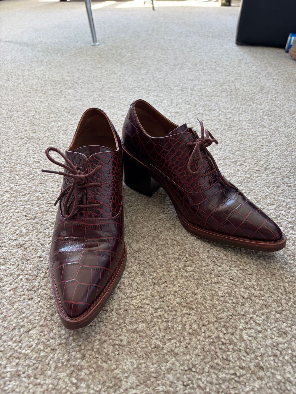 Burgundy croc lace up heels