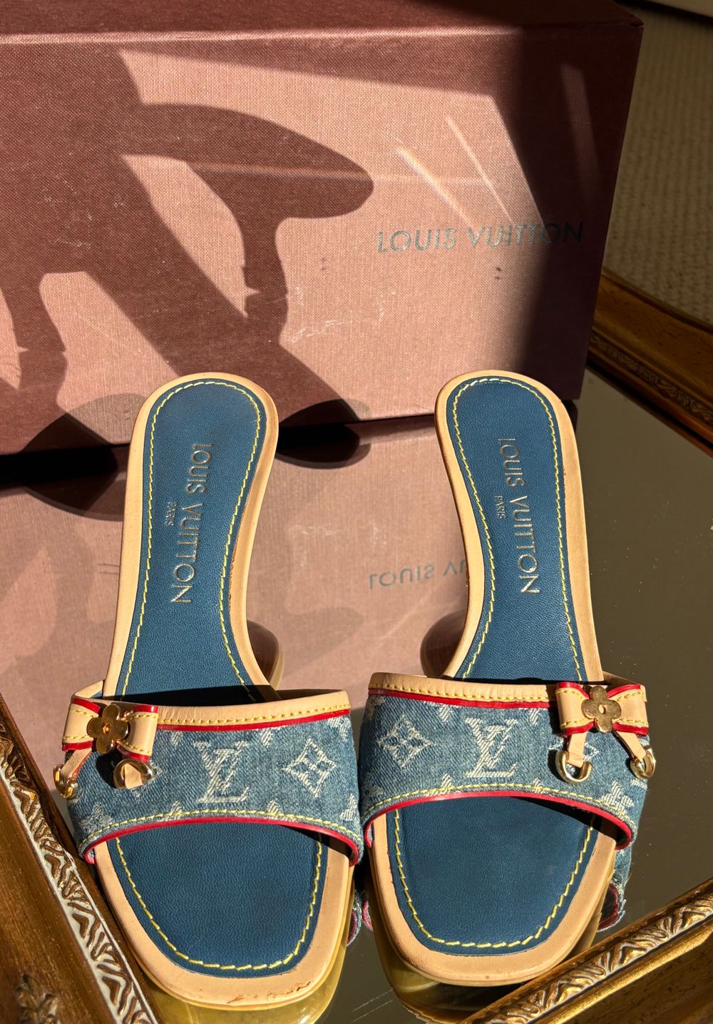vintage Louis Vuitton x Marc Jacobs denim monogram kitten mules