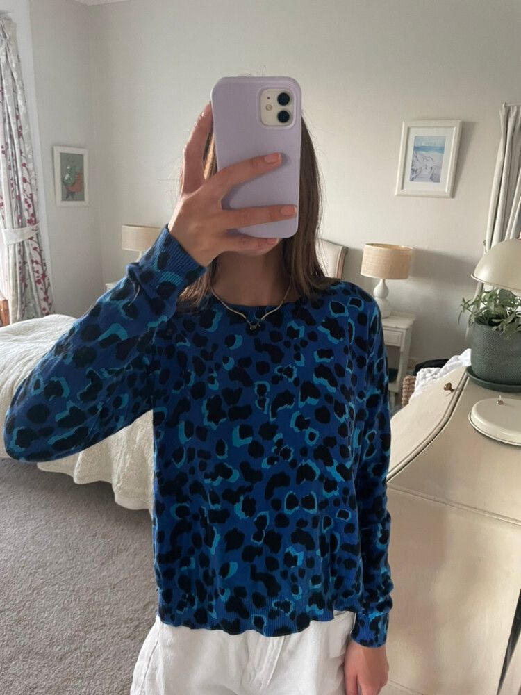 Blue Leopard Print Jumper Knit Pullover Sweater