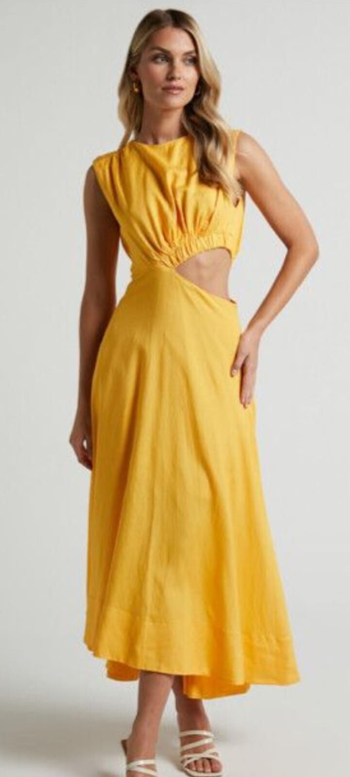 Showpo - SHOWPO Yellow cut-out midi Dress on Designer Wardrobe Showpo - SHOWPO Yellow cut-out midi Dress on Designer Wardrobe