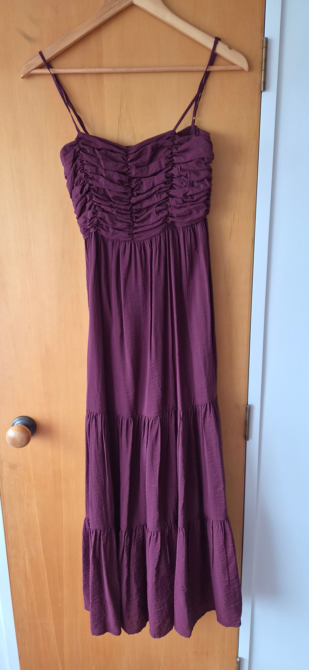 Maroon Ruched Tiered Maxi Dress