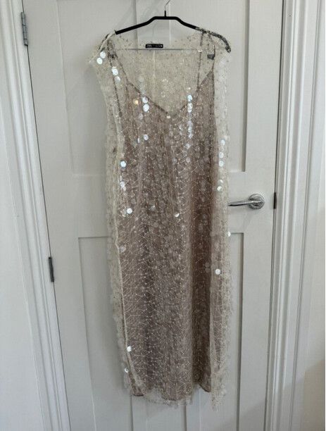 slim fit dress slacks Sitka Semsch Female Dress Maxi Dress Nude Size M Sequins, Maxi Dress, Woven Shoulder Straps main image 1
