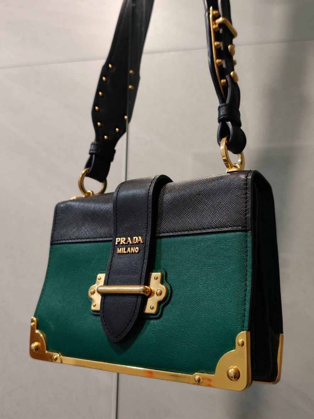 Authentic Prada Cahier Leather Shoulder Bag – Green & Black – Gold Hardware