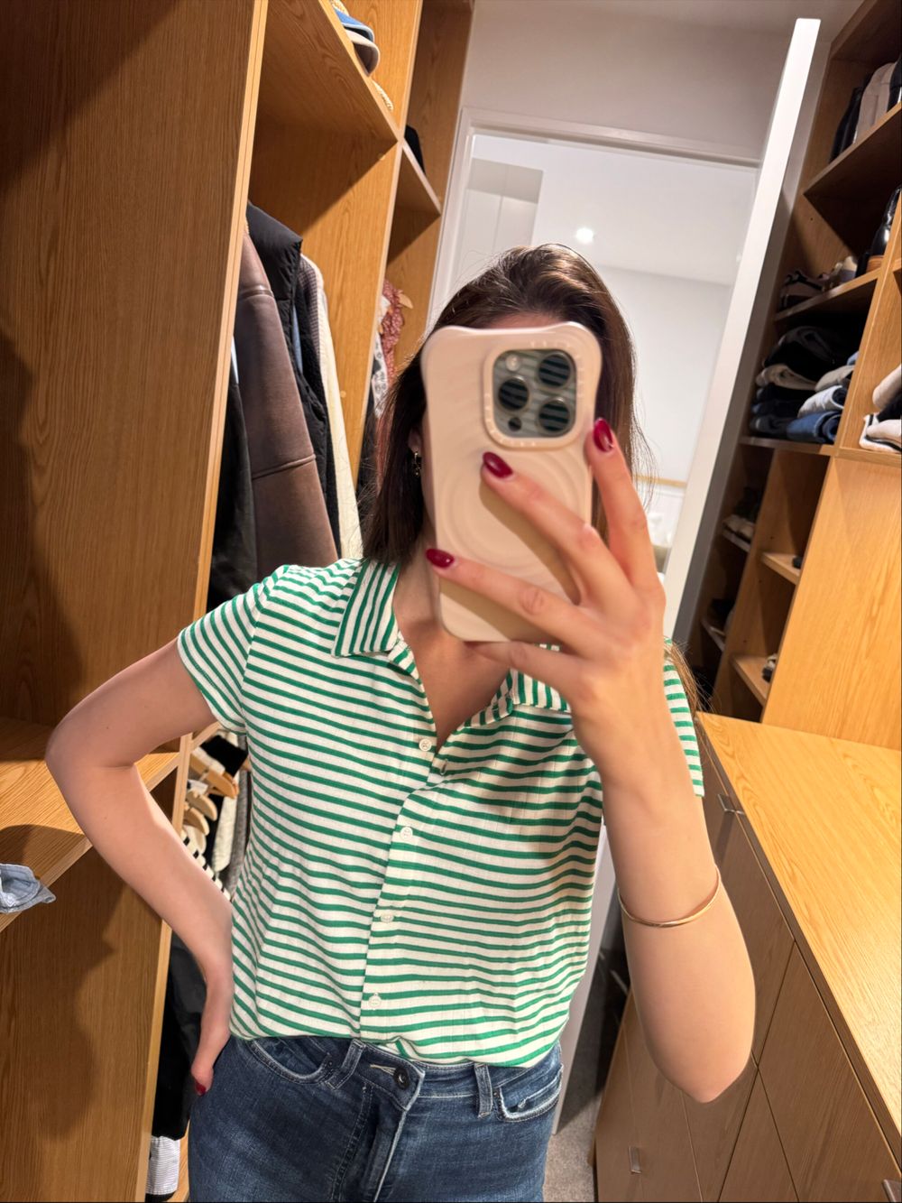H&M Divided Green and White Striped Polo Shirt
