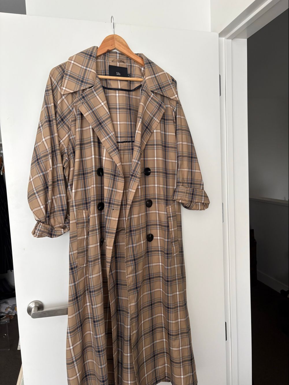 Sills Beige Plaid Trench Coat