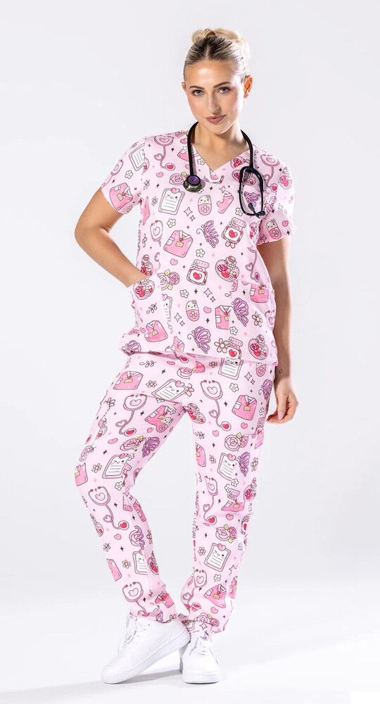 Medic Wears Pink Print Matching fun scrub Set