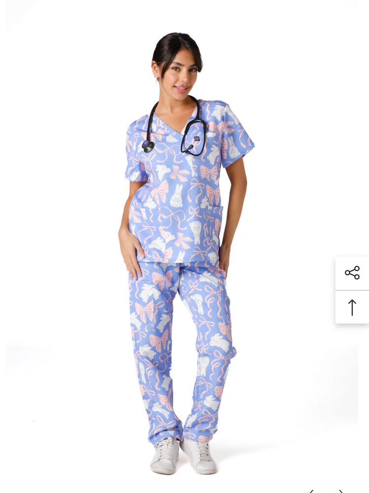 Medic Wears Blue Rabbit Print Matching purple scrubs Set Size M