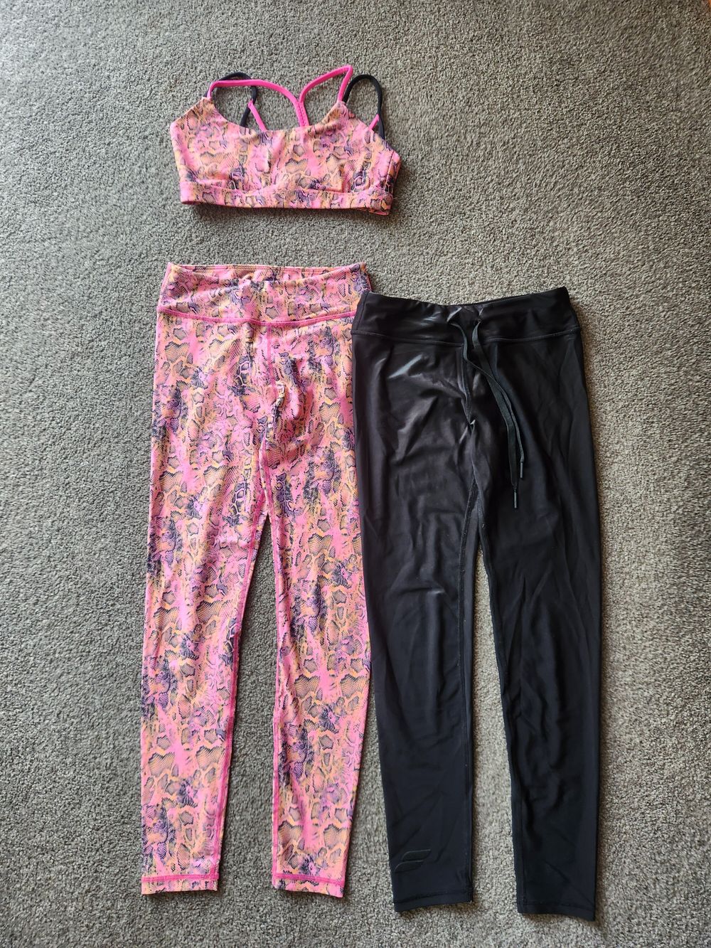 Kids Sweat Republic Pink Snake Print Leggings and black wetlook leggings, size 12