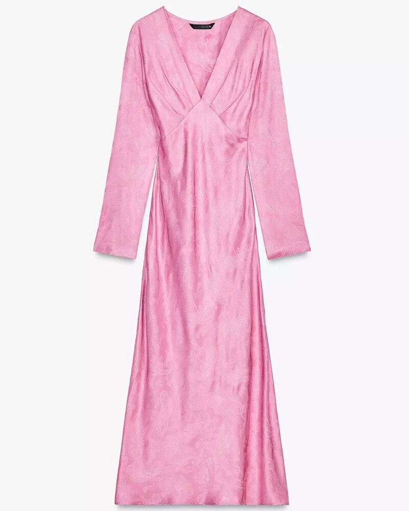 zara pink paisley dress ZARA Paisley Satin Dress with Belt Sz L Pink Multi