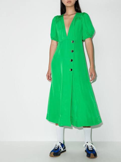 Ganni - GANNI V-neck Kelly Green Dress on Designer Wardrobe Ganni - GANNI V-neck Kelly Green Dress on Designer Wardrobe