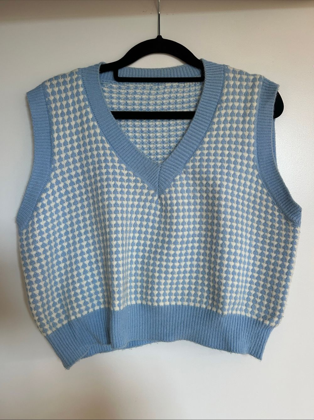 Blue and White Handmade Houndstooth Knit Vest