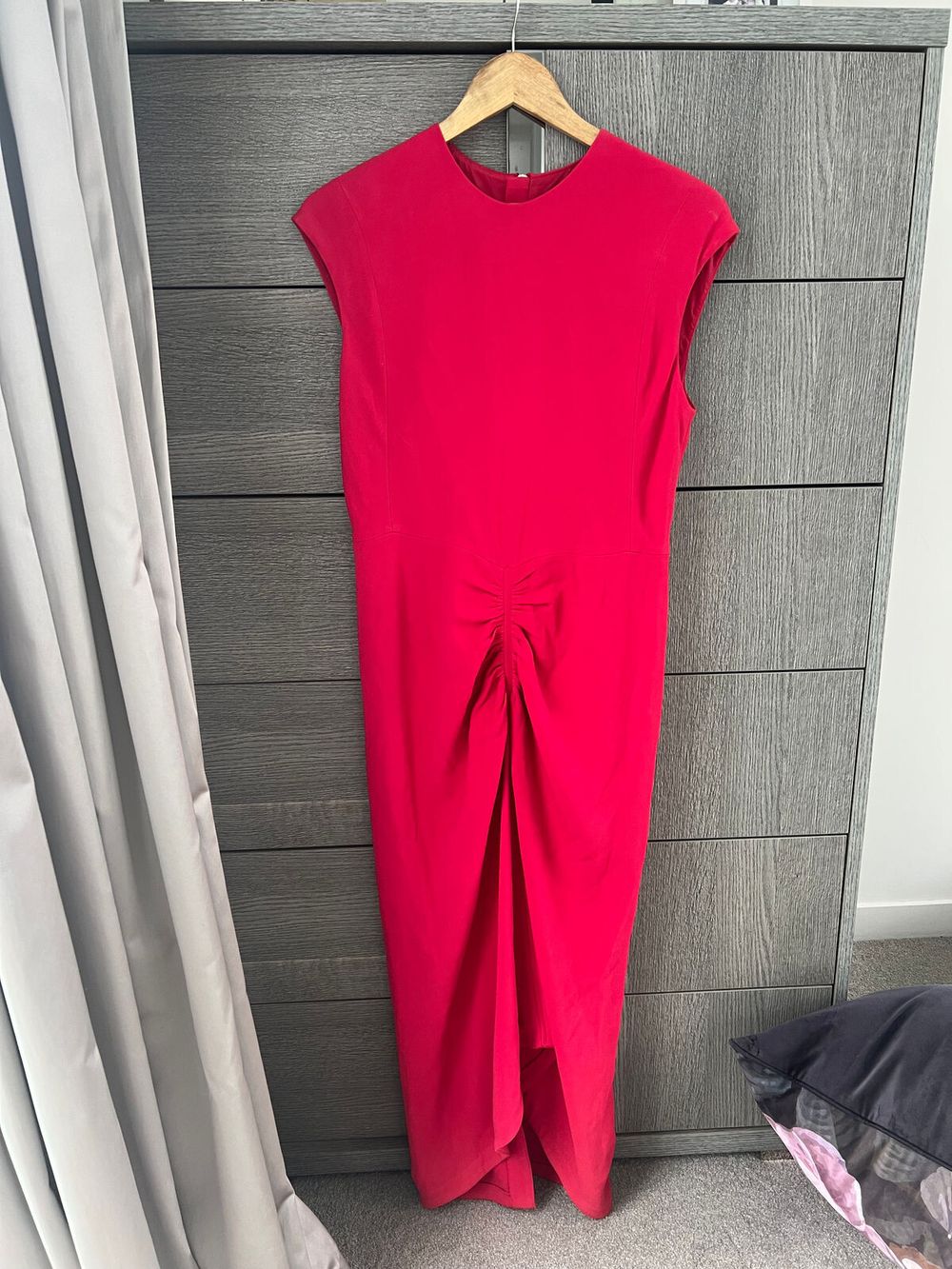strapless open back dress Meg Oversized Linen Dress with 3/4 Sleeves in Red Plaid