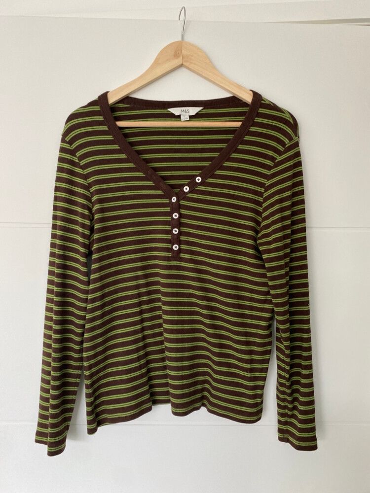 M&S Brown Green Striped Top