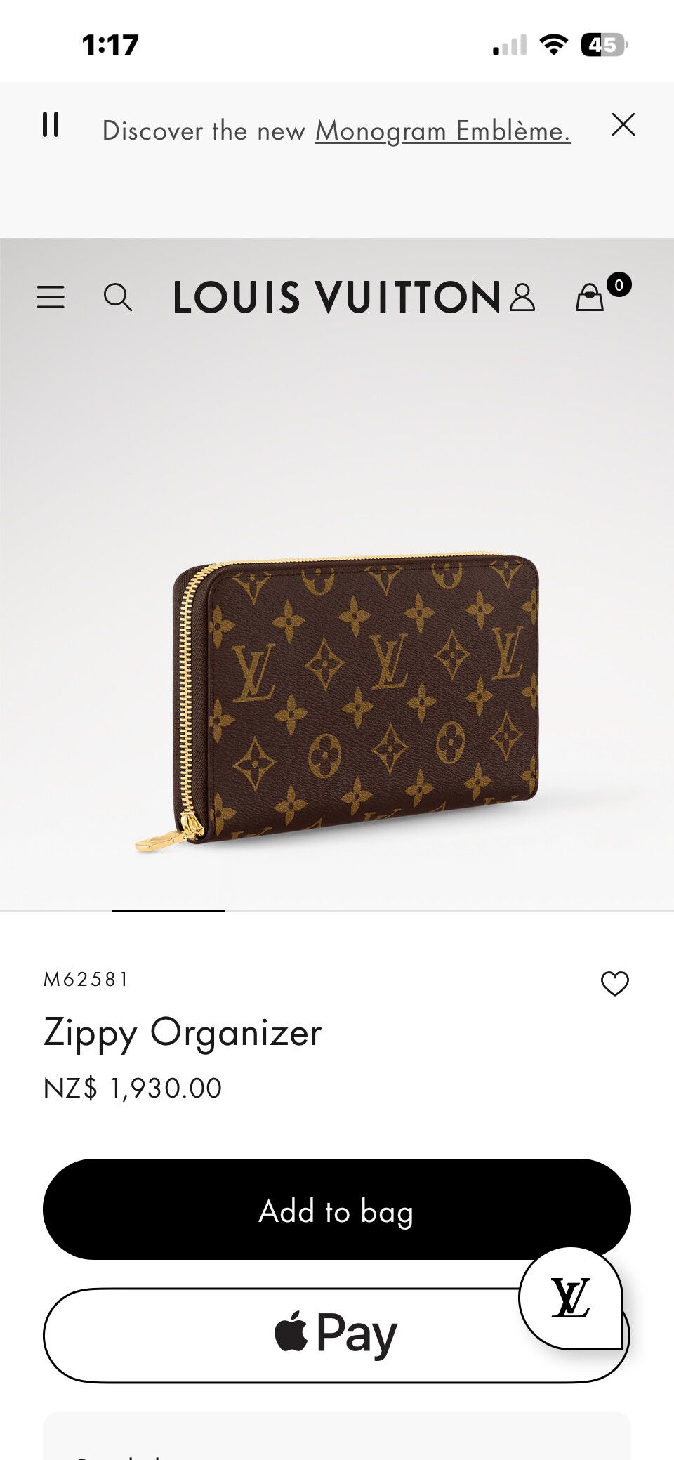LOUIS VUITTON AUTHENTIC ZIPPY MONOGRAM ORGANISER WALLET