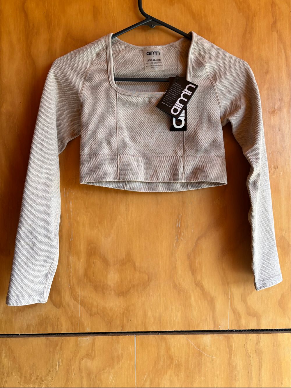 Aimn Beige Textured Long Sleeve Crop Top