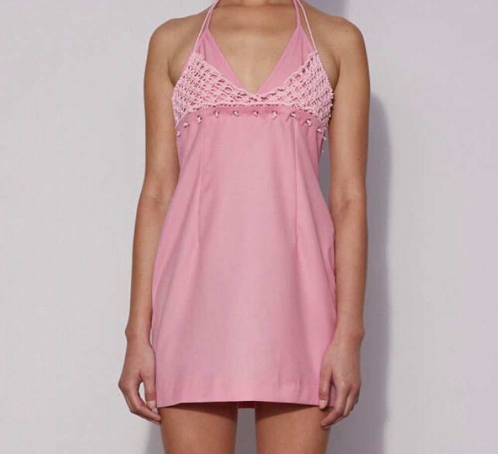 Wynn Hamlyn - Wynn Hamlyn Pink Crochet Halter Mini Dress on Designer Wardrobe Wynn Hamlyn - Wynn Hamlyn Pink Crochet Halter Mini Dress on Designer Wardrobe