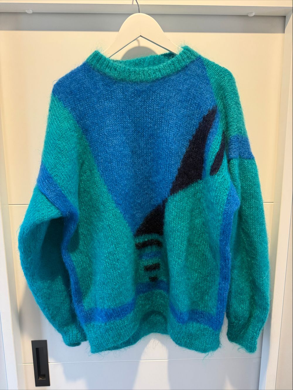 Vintage Blue and Green Colourblock Wool Knit Jumper