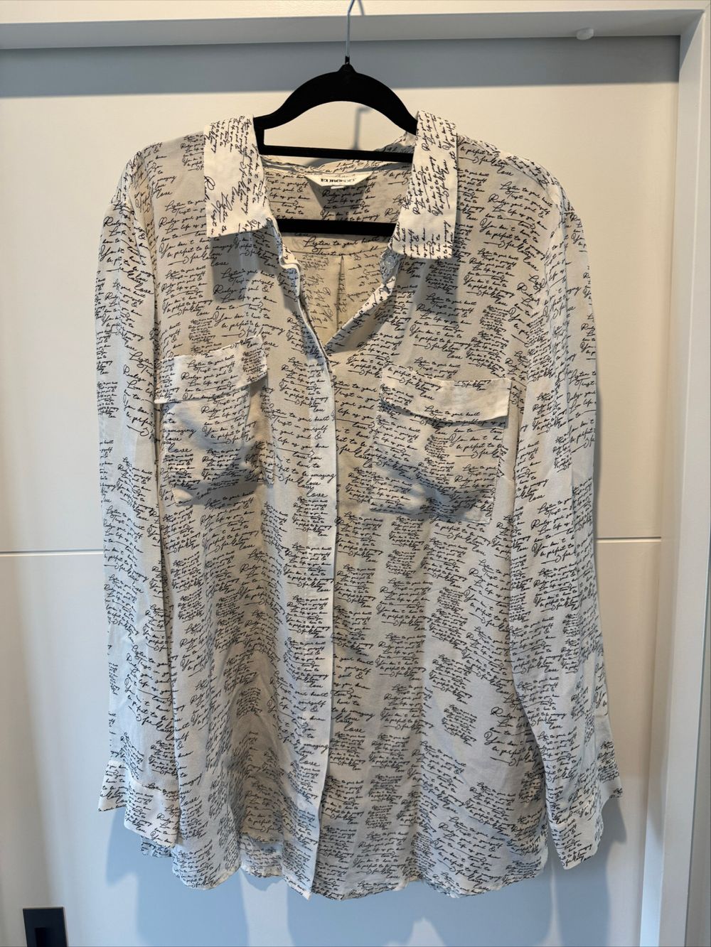 Euroedit White Love Letter Script Print Silk Shirt