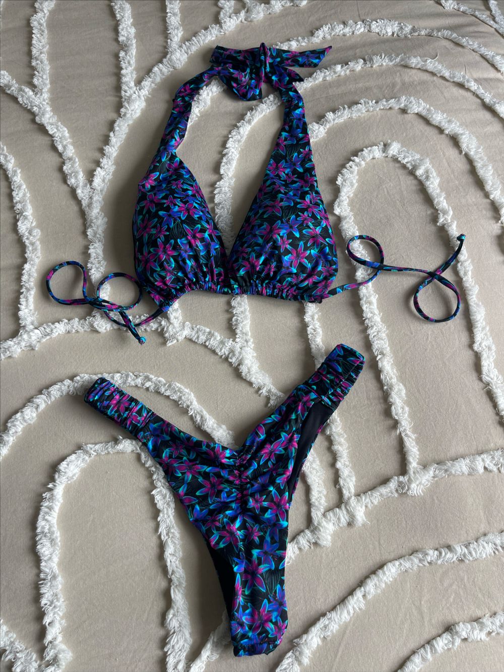 Bright Black Floral Halter Bikini