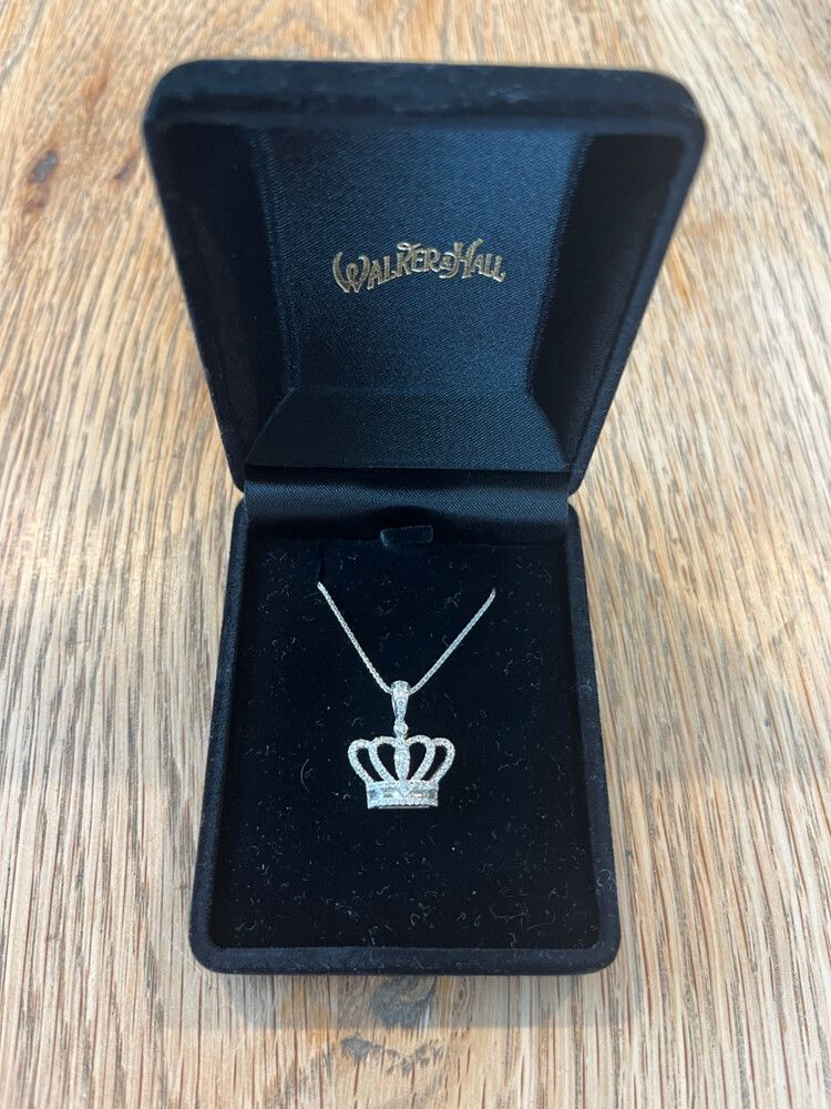 White gold & diamond crown pendant necklace