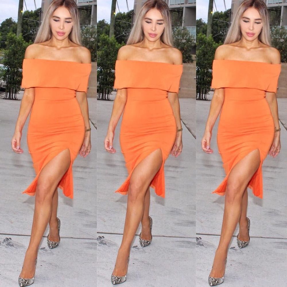 KOOKAI Positano Papaya Orange Off The Shoulder Pencil Midi Dress