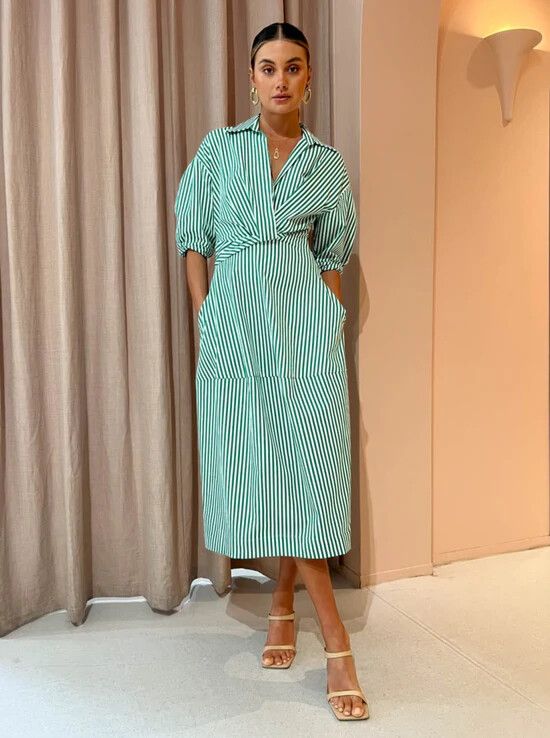 Camilla and Marc (C&M) - CAMILLA & MARC Flynn Cocoon Jade Green White Stripe Midi Shirt Dress RRP$650 on Designer Wardrobe Camilla and Marc (C&M) - CAMILLA & MARC Flynn Cocoon Jade Green White Stripe Midi Shirt Dress RRP$650 on Designer Wardrobe