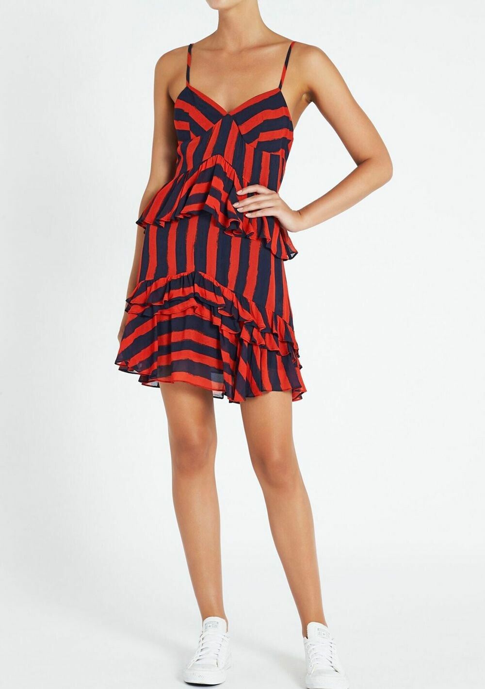 SASS & BIDE Palais Royale Red Navy Blue Stripe Ruffle Hem Cami Mini Dress RRP$490