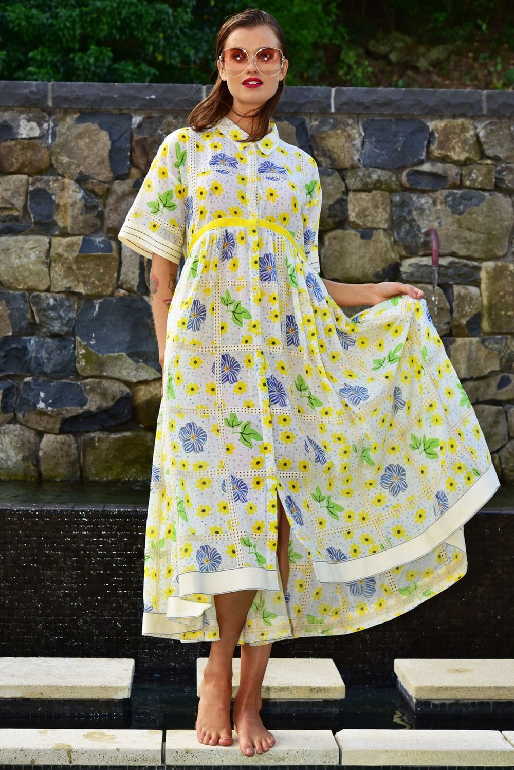 TRELISE COOPER Sunny Business Daisy Cotton Voile Midi Shirt Dress RRP$799