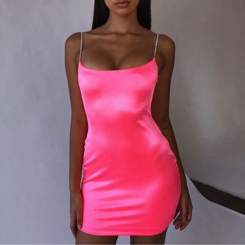 MESHKI Ruby Barbie Neon Pink Stretch Satin Diamante Slip Mini Dress NWT
