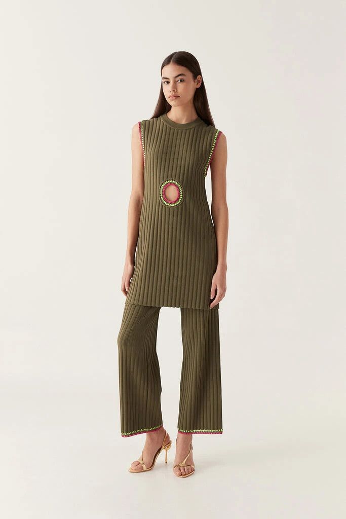 AJE Tazia Deep Olive Green Winter Knit Wide Leg Pants NWT RRP$320