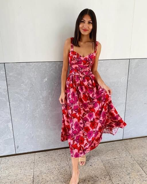 Kookai - KOOKAI Valencia Pink Satin Floral Belted Midi Dress on Designer  Wardrobe