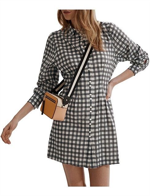 COUNTRY ROAD White Black Check Puff Sleeve Shirt Dress