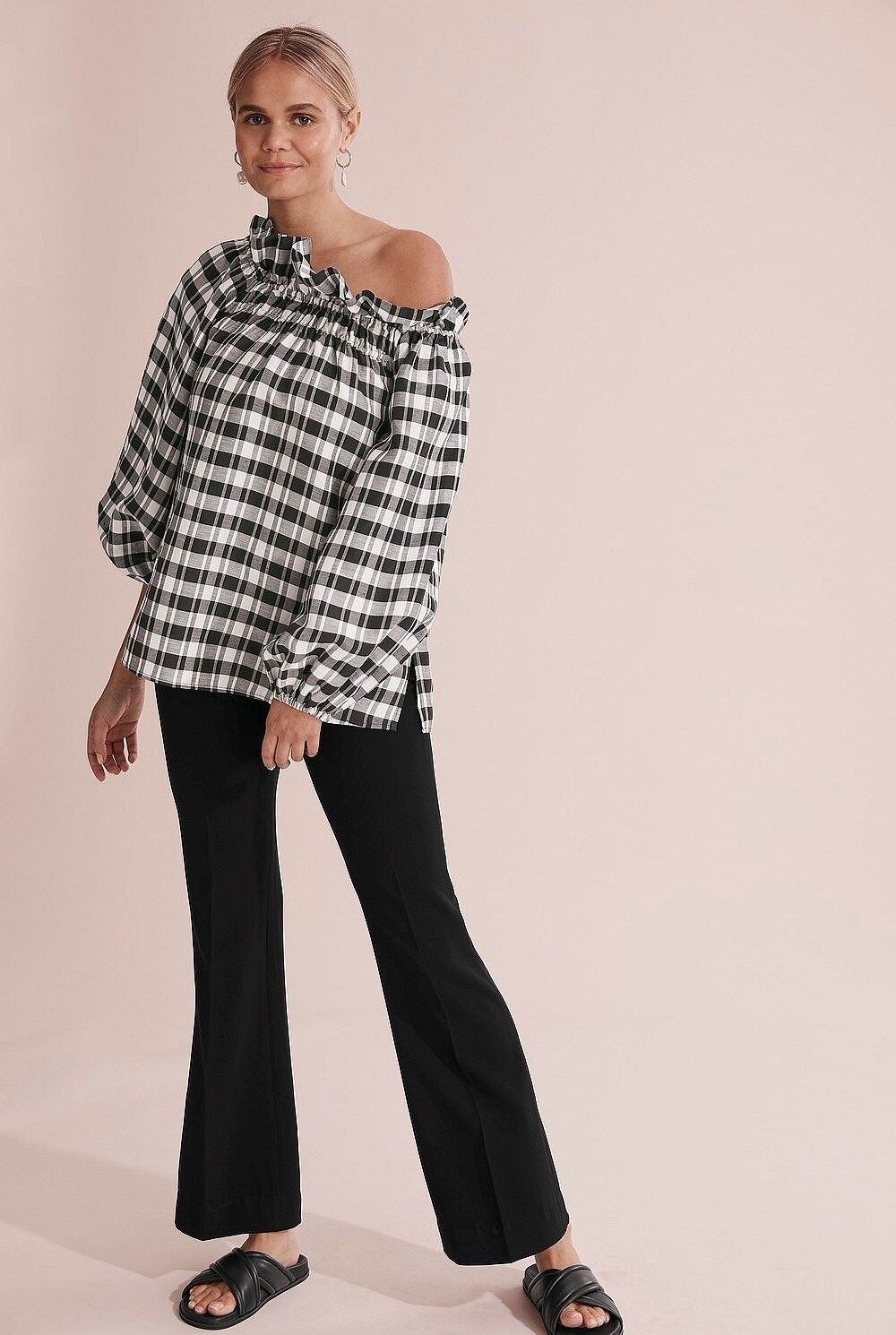COUNTRY ROAD Linen Gingham Black White Check Off The Shoulder Top Blouse