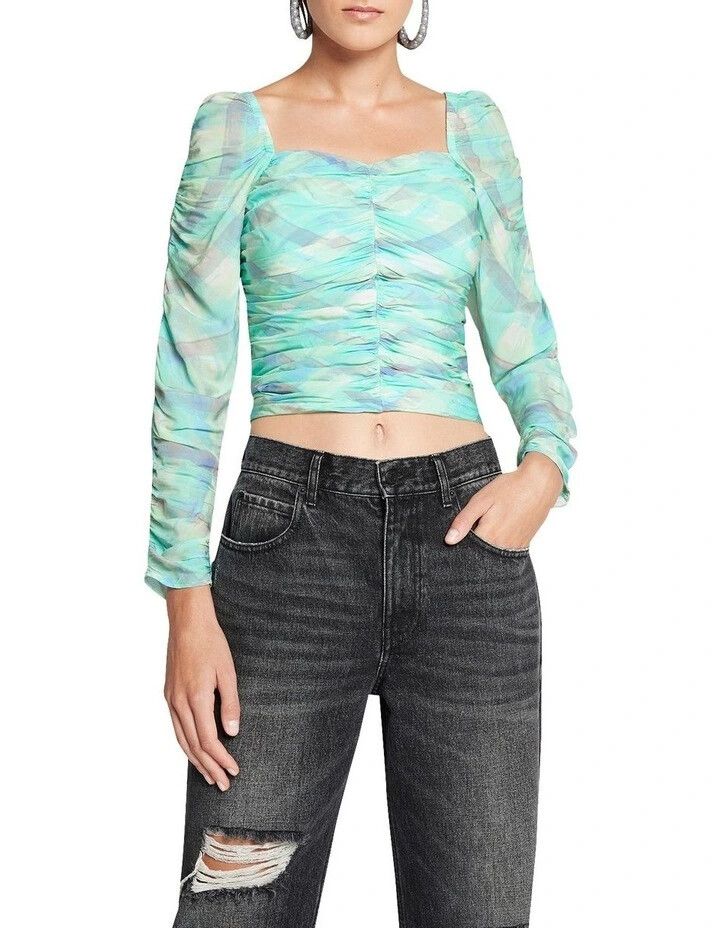 SASS & BIDE Above The Sea Watercolour Plaid Top Print RRP$350