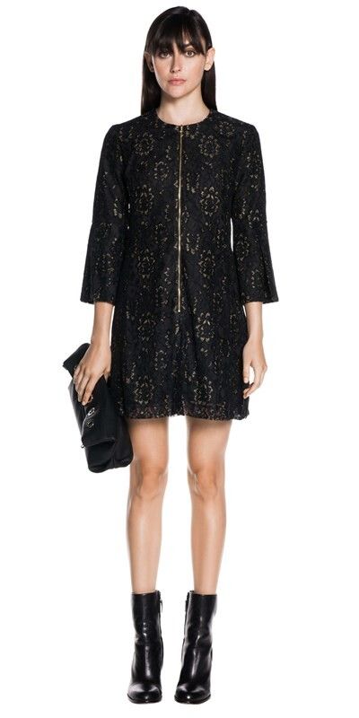 CUE Black Gold Lurex Lace Long Sleeve Zip Front Winter Office Dress RRP$319