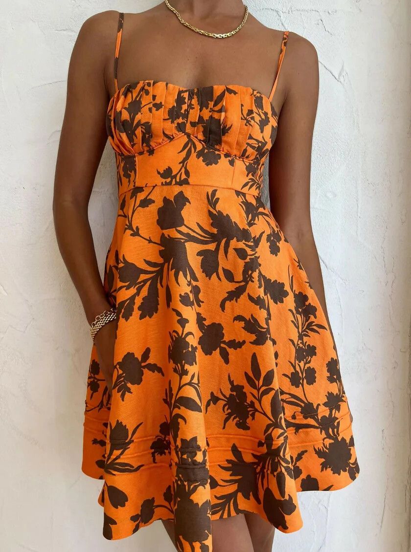 SHONA JOY Uli Linen Circle Mini Dress in Papaya and Cacao Print